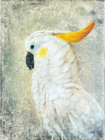 Gemälde GelbwangenKakadu - Original Kunst Acrylgemälde, Wanddeko Bild Papagei, Vintage