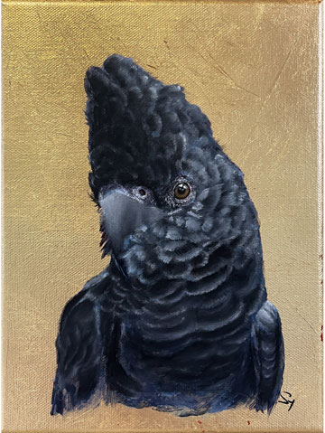 Wandbild Gold Rabenkakadu - Original Kunst Acrylgemälde mit Blattgold, vergoldete Wanddeko Bild Papagei
