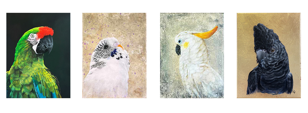 Original Kunst, Vogelmalerei, vergoldet