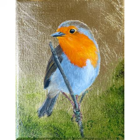 Robin original acrylic painting with gold leaf